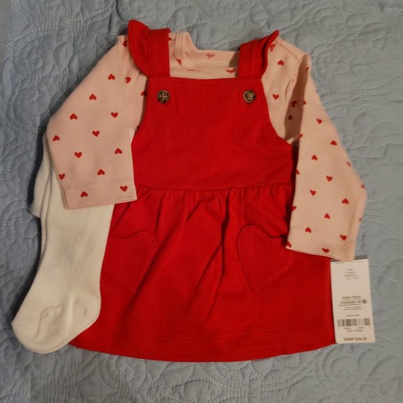 Extra Sweet! Carter's Baby 3-Piece Set-Red Jumper Pink Shirt White Tights 3M - Picture 3 of 14
